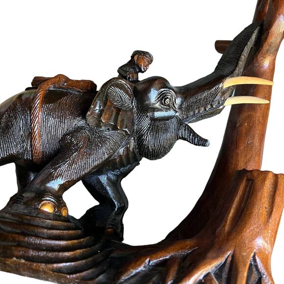 Large Wooden Elephant Staue Sculpture Vintage hand carved Carving trunk up - Picture 11 of 12